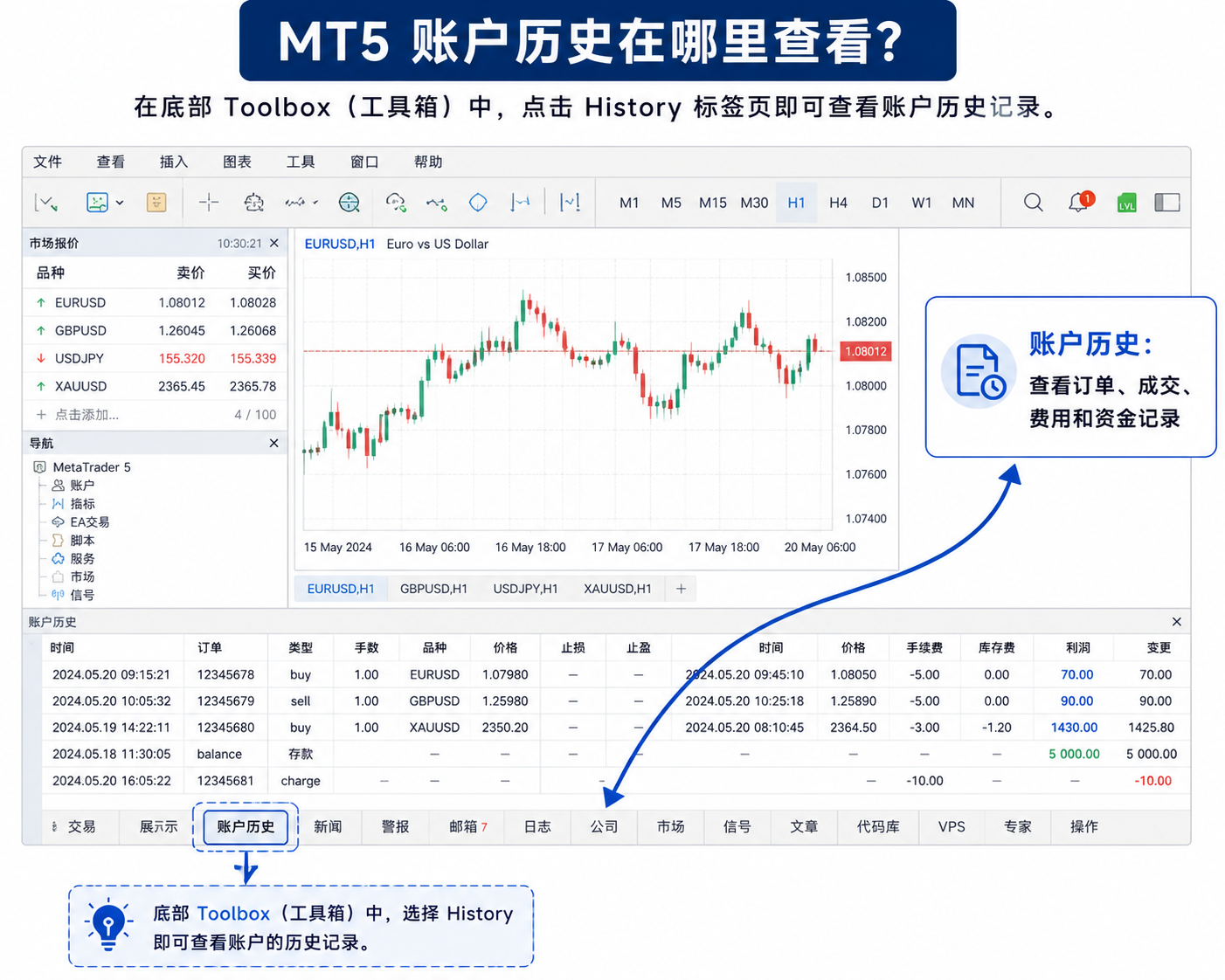 界面示意图：底部 Toolbox 工具箱中切换到 History／历史标签，查看 MT5 账户历史记录。