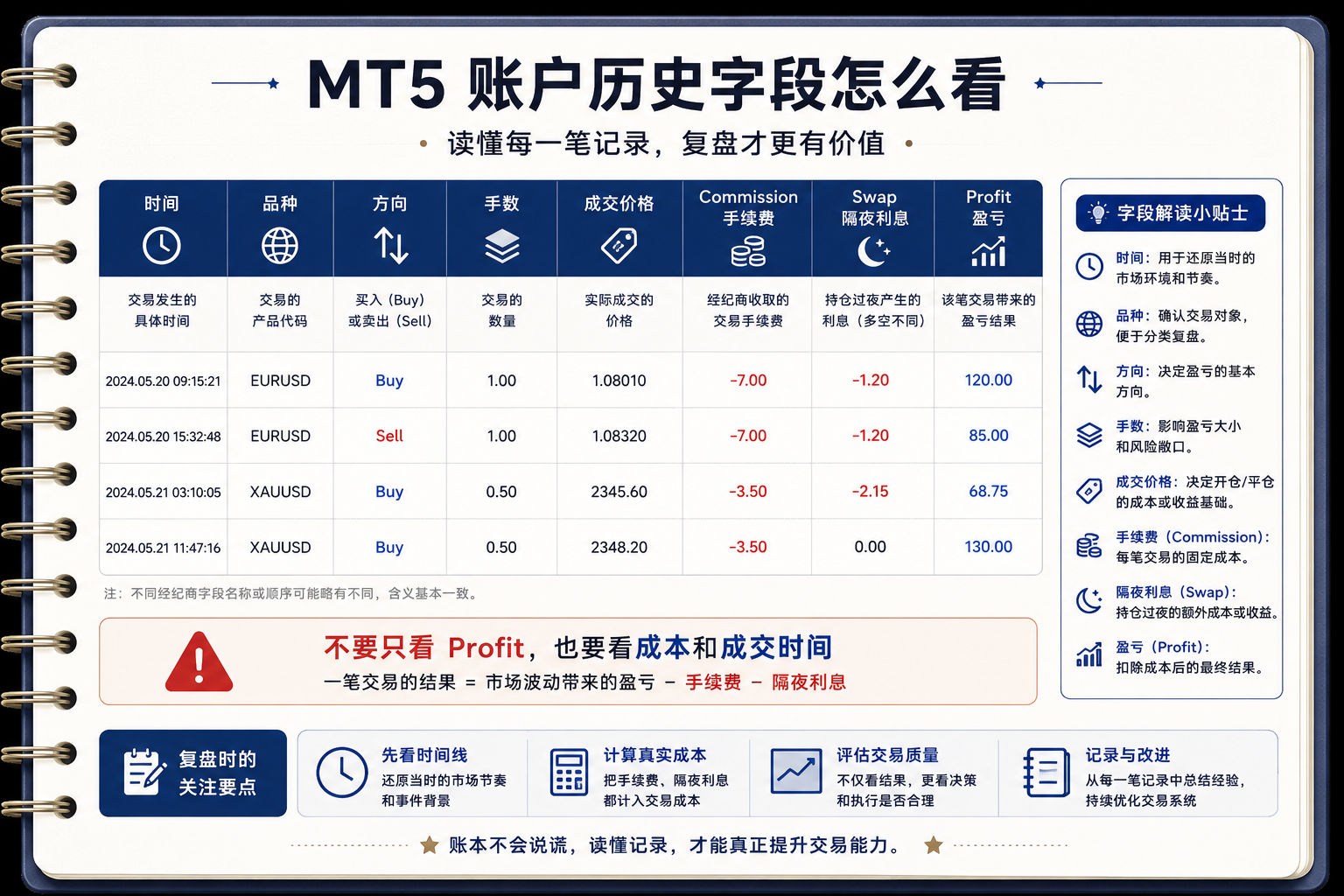 图示拆解交易账本中与复盘相关的字段：时间、品种、方向、手数、价格、Commission、Swap 与 Profit 等如何共同解释账户变动。