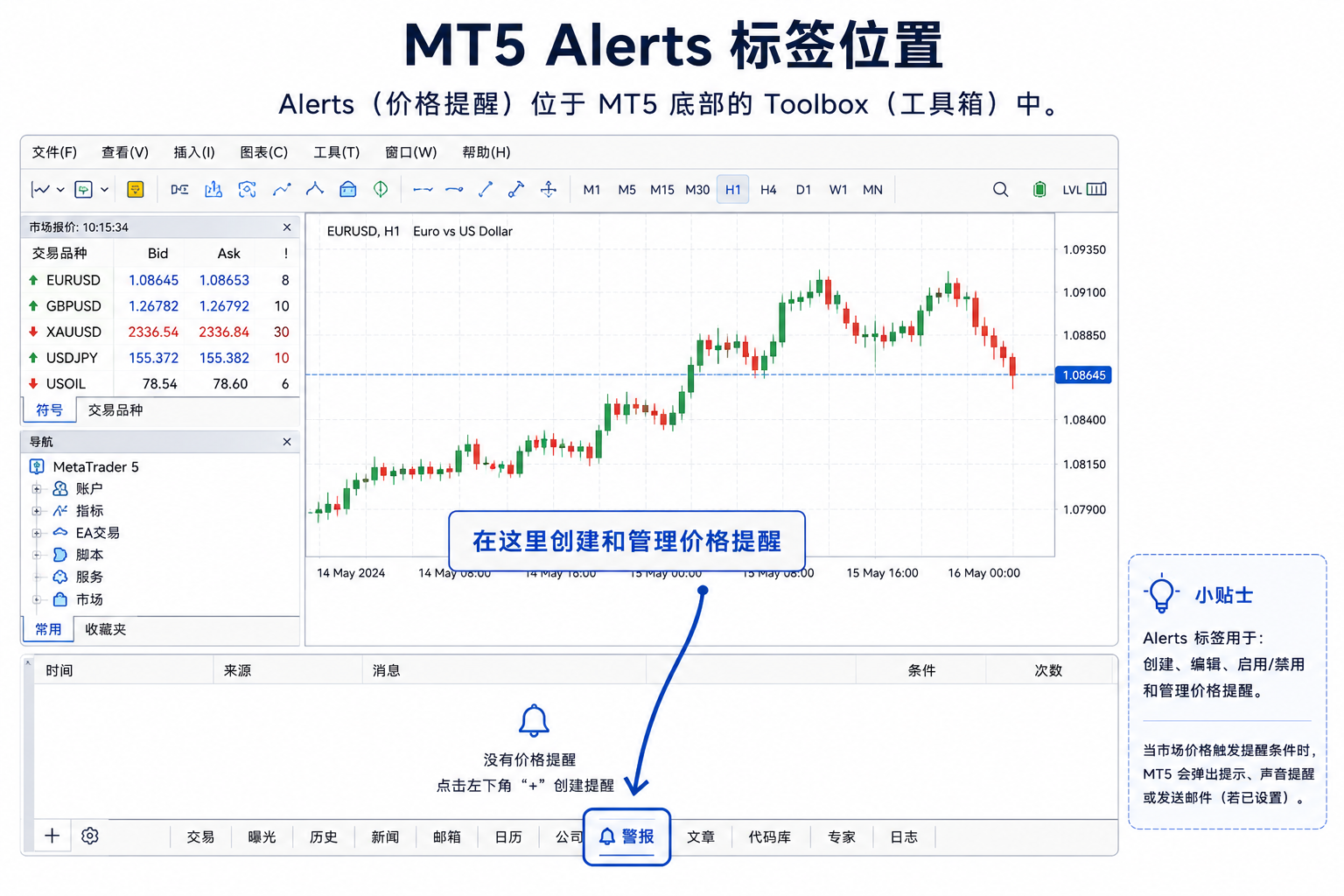 MT5 底部 Toolbox 工具箱中切换到 Alerts／警报 标签的示意：提醒列表在此集中创建、启用或修改。