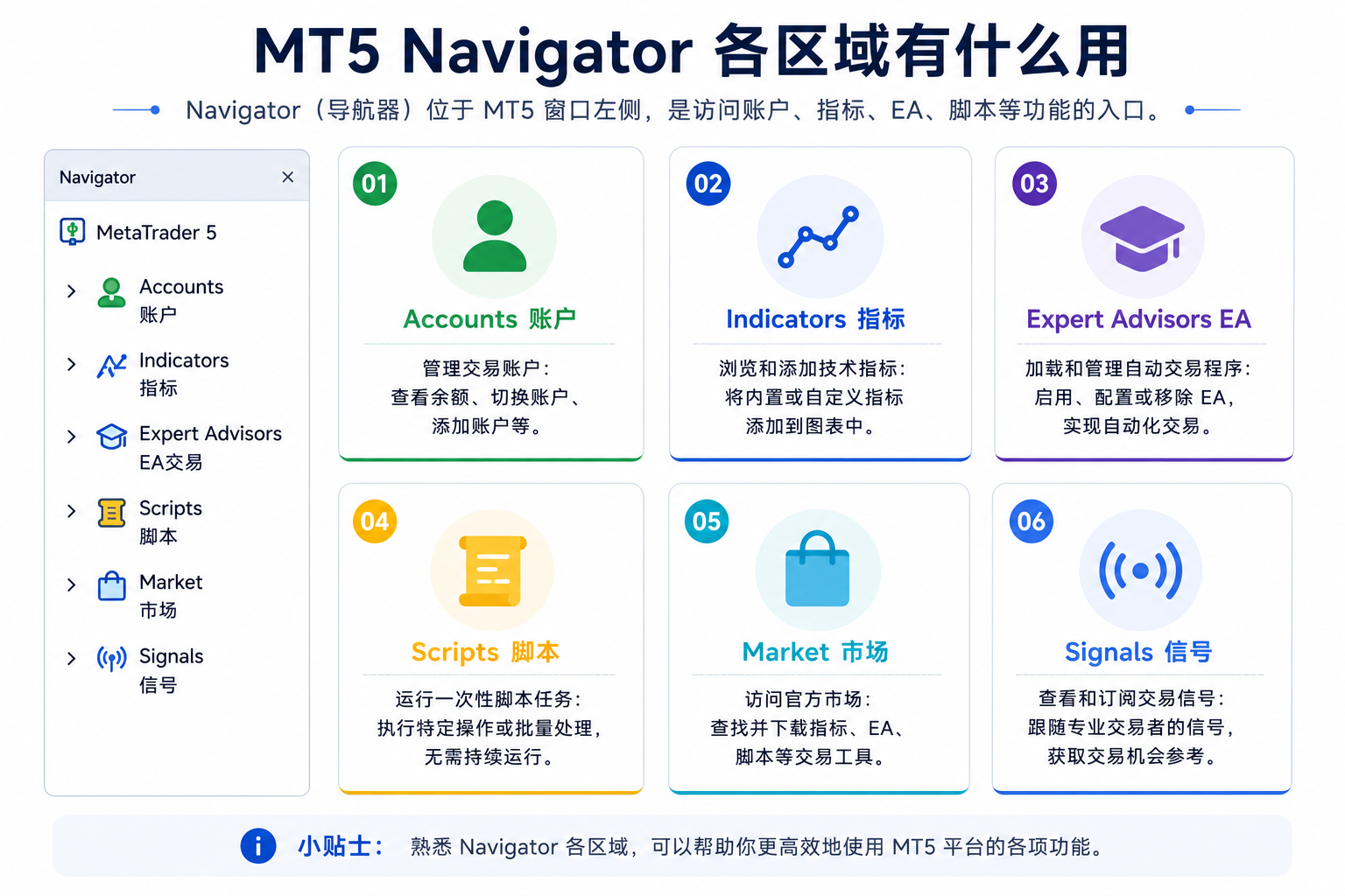 Navigator 各区域功能总览：Accounts 管理账户、Indicators 加载指标、Expert Advisors 挂 EA、Scripts 运行一次性脚本，以及 Services、Market、Signals 等扩展入口。
