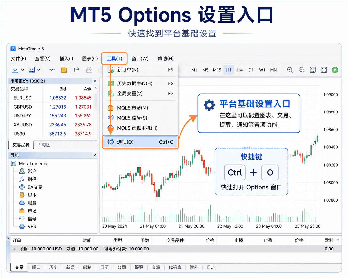 MT5 平台选项入口示意：顶部菜单 Tools（工具）→ Options（选项），也可使用快捷键 Ctrl+O 打开基础设置窗口。